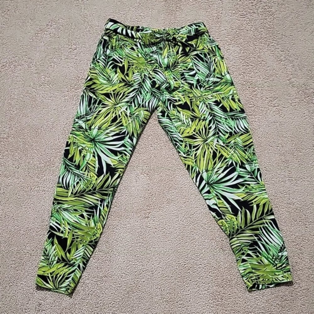 Tropical Jungle Palm Leaf Print Joggers Green Plant Pants Size Small